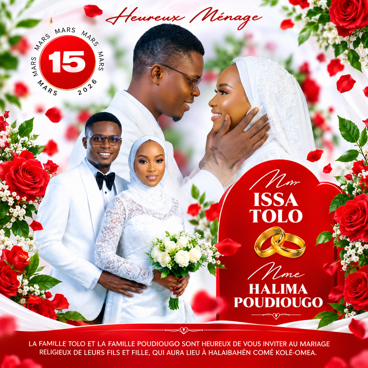 Annonce de mariage avec décoration florale rouge et blanche